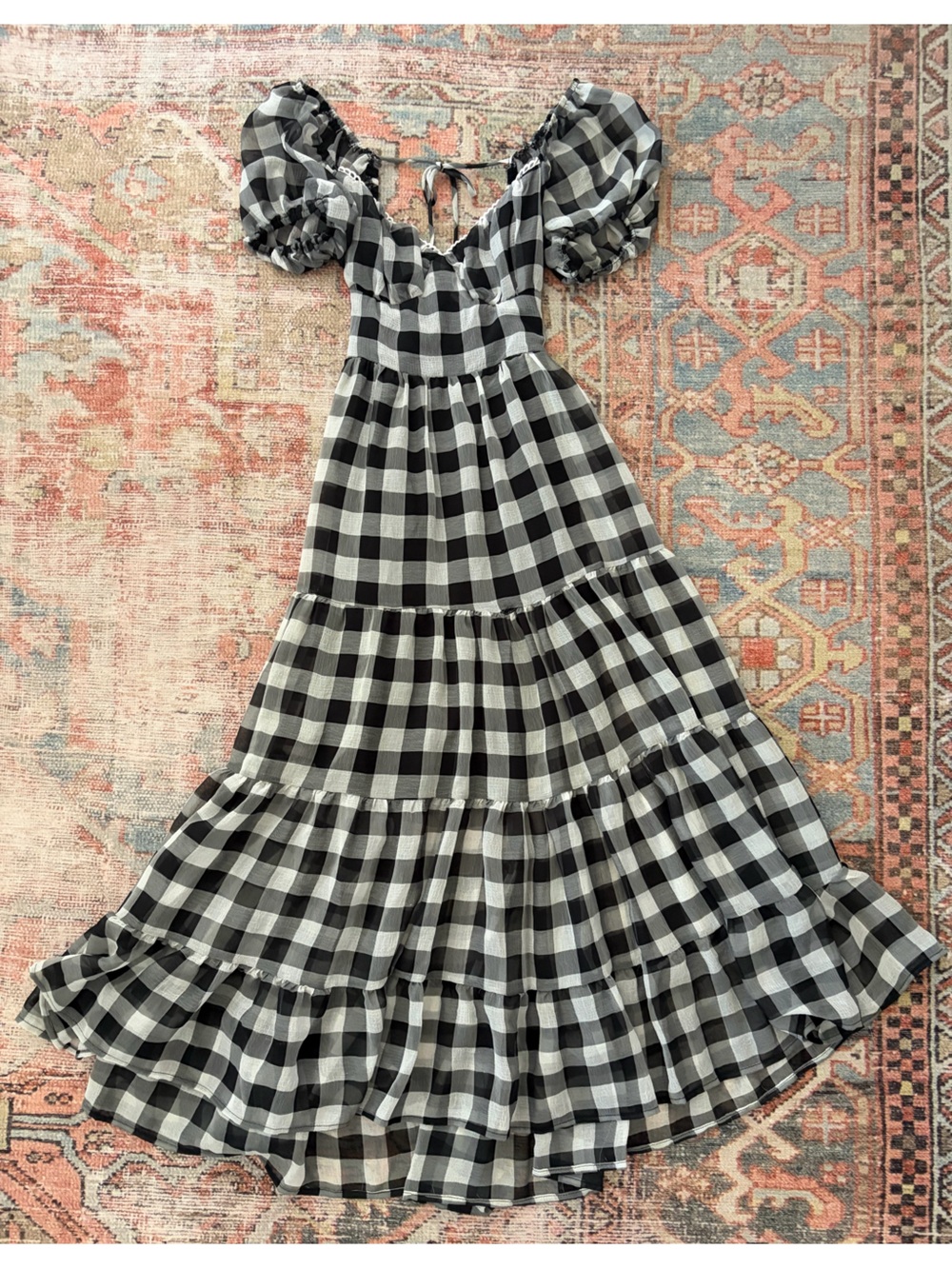 Black and White Gingham Tiered Midi Skirt
